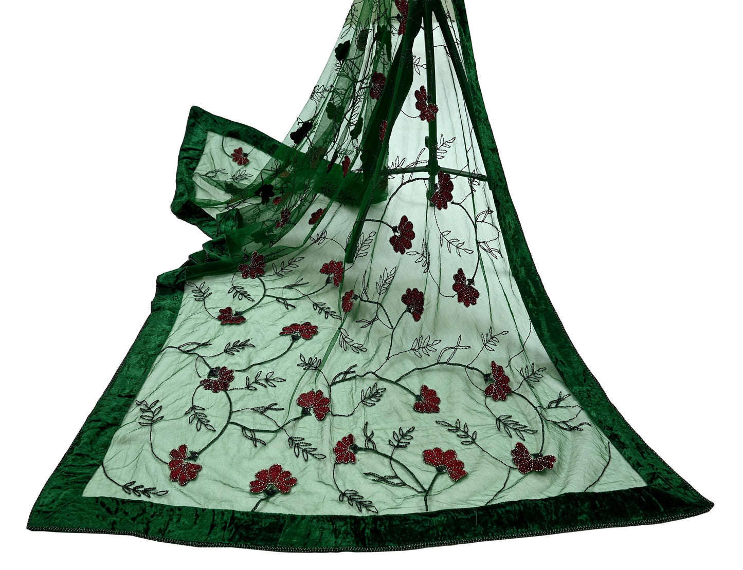 Indian Vintage Heavy Green Dupatta Net Mesh Long Stole Hand Embroidered Scarves Glass Beaded Sequins Hijab Veil wrap Boho