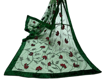 Indian Vintage Heavy Green Dupatta Net Mesh Long Stole Hand Embroidered Scarves Glass Beaded Sequins Hijab Veil wrap Boho