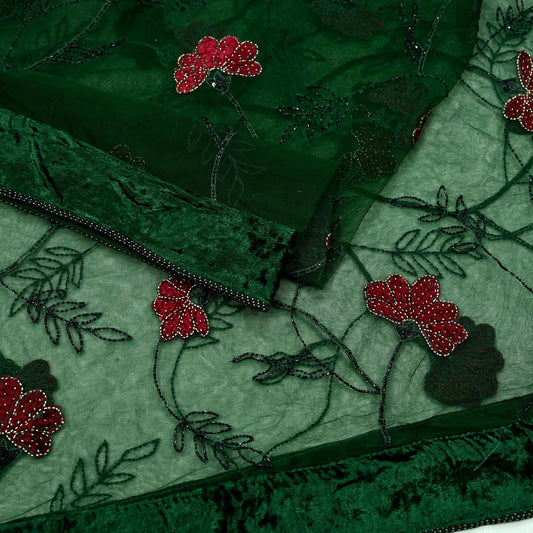 Indian Vintage Heavy Green Dupatta Net Mesh Long Stole Hand Embroidered Scarves Glass Beaded Sequins Hijab Veil wrap Boho