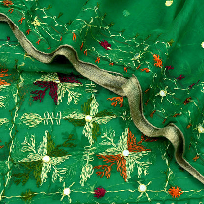 Indian Vintage Green Dupatta Long Stole Pure Chiffon Silk Hand Embroidered Bagh Phulkari Stole Scarves Golden lace