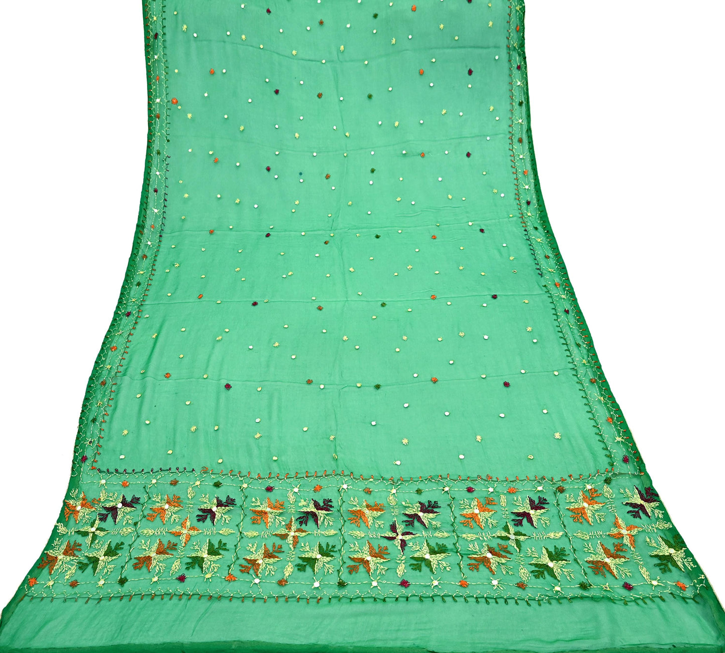 Indian Vintage Green Dupatta Long Stole Pure Chiffon Silk Hand Embroidered Bagh Phulkari Stole Scarves Golden lace