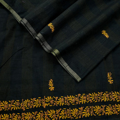 Indian Vintage Dupatta Black Long Stole Pure Chanderi silk Handmade Chikankari Scarves Veil Scarf Wrap Floral Design