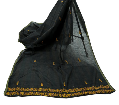 Indian Vintage Dupatta Black Long Stole Pure Chanderi silk Handmade Chikankari Scarves Veil Scarf Wrap Floral Design