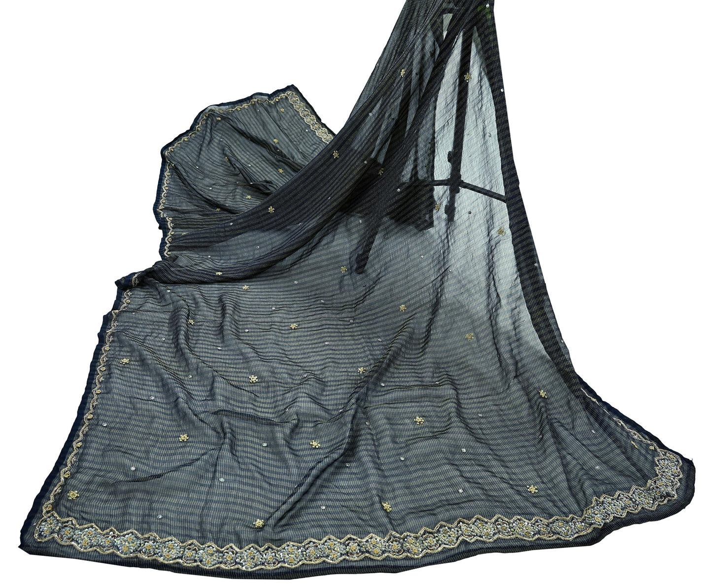 Indian Vintage Blue Dupatta Pure Georgette silk Long Stole Hand Embroidered Scarves Stole Veil Wrap Sequins Zardozi