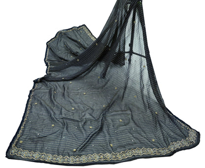 Indian Vintage Blue Dupatta Pure Georgette silk Long Stole Hand Embroidered Scarves Stole Veil Wrap Sequins Zardozi