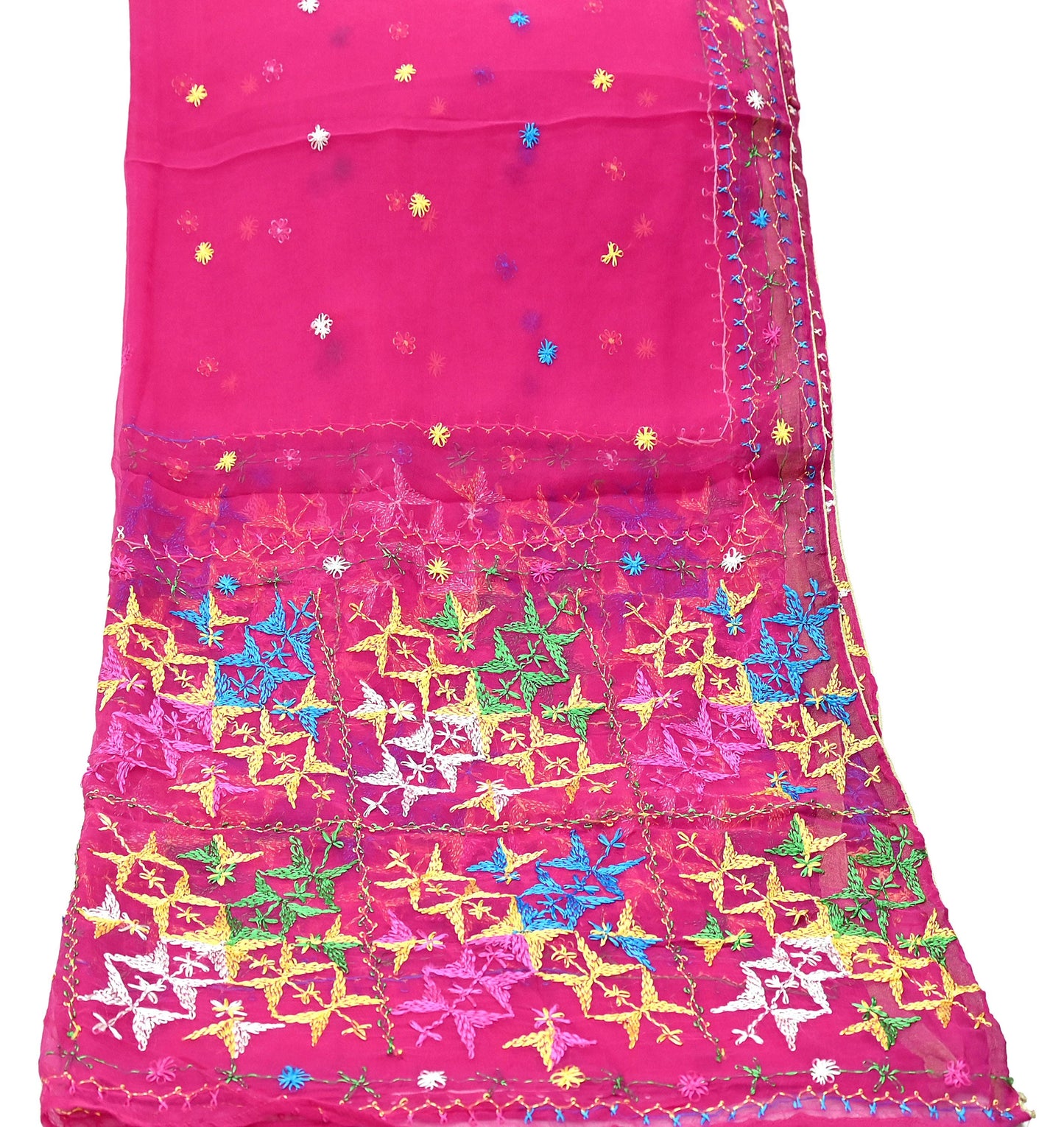 Indian Vintage Pink Dupatta Long Stole Pure Chiffon Silk Hand Embroidered Bagh Phulkari Stole Scarves Golden Lace