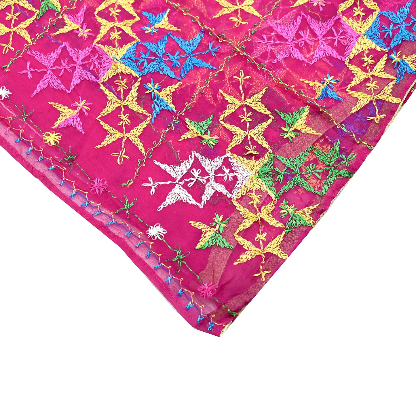 Indian Vintage Pink Dupatta Long Stole Pure Chiffon Silk Hand Embroidered Bagh Phulkari Stole Scarves Golden Lace
