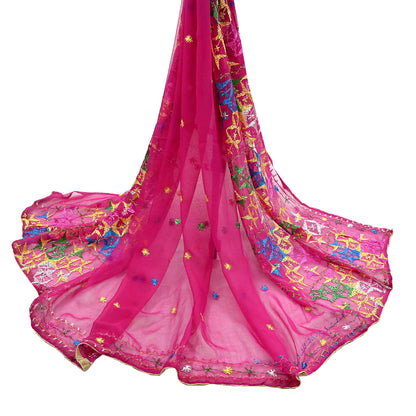 Indian Vintage Pink Dupatta Long Stole Pure Chiffon Silk Hand Embroidered Bagh Phulkari Stole Scarves Golden Lace