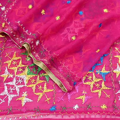 Indian Vintage Pink Dupatta Long Stole Pure Chiffon Silk Hand Embroidered Bagh Phulkari Stole Scarves Golden Lace