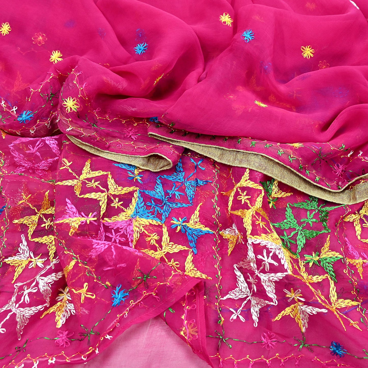 Indian Vintage Pink Dupatta Long Stole Pure Chiffon Silk Hand Embroidered Bagh Phulkari Stole Scarves Golden Lace