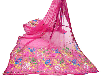Indian Vintage Pink Dupatta Long Stole Pure Chiffon Silk Hand Embroidered Bagh Phulkari Stole Scarves Golden Lace
