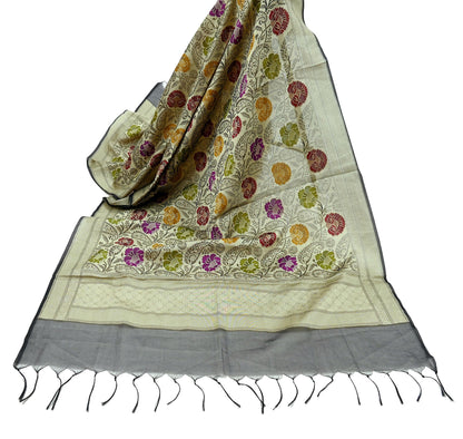 Indian Vintage Black Dupatta Long Stole Artificial Silk Woven Brocade Scarves Veil Scarf Wrap Hippie Boho Soft Floral Fringes