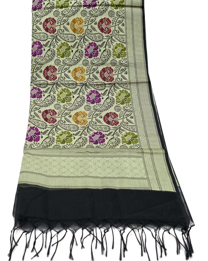 Indian Vintage Black Dupatta Long Stole Artificial Silk Woven Brocade Scarves Veil Scarf Wrap Hippie Boho Soft Floral Fringes