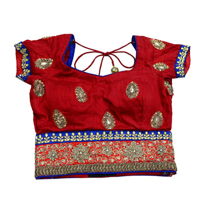 Indian Pre-owned Heavy Red & Blue Pure Chanderi Silk/Net Hand Embroidered Lehenga 3pcs Set By Designer Sabyasachi Bridal Wear With Blouse