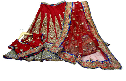 Indian Pre-owned Heavy Red & Blue Pure Chanderi Silk/Net Hand Embroidered Lehenga 3pcs Set By Designer Sabyasachi Bridal Wear With Blouse