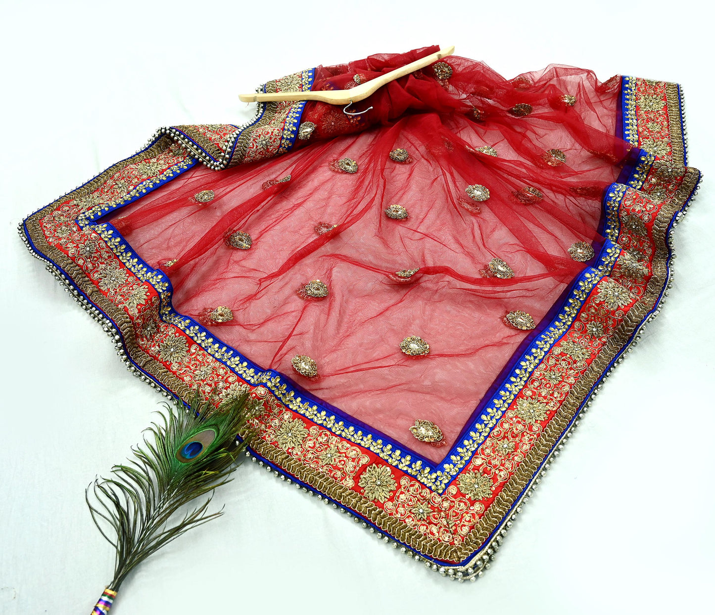 Indian Pre-owned Heavy Red & Blue Pure Chanderi Silk/Net Hand Embroidered Lehenga 3pcs Set By Designer Sabyasachi Bridal Wear With Blouse