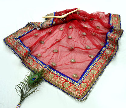 Indian Pre-owned Heavy Red & Blue Pure Chanderi Silk/Net Hand Embroidered Lehenga 3pcs Set By Designer Sabyasachi Bridal Wear With Blouse