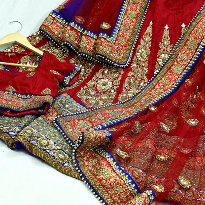 Indian Pre-owned Heavy Red & Blue Pure Chanderi Silk/Net Hand Embroidered Lehenga 3pcs Set By Designer Sabyasachi Bridal Wear With Blouse