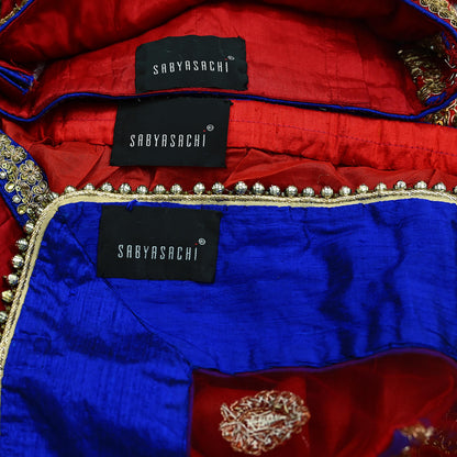 Indian Pre-owned Heavy Red & Blue Pure Chanderi Silk/Net Hand Embroidered Lehenga 3pcs Set By Designer Sabyasachi Bridal Wear With Blouse