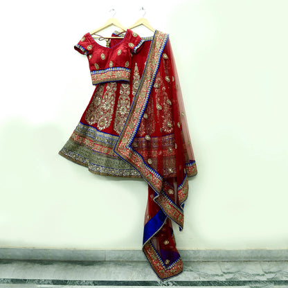 Indian Pre-owned Heavy Red & Blue Pure Chanderi Silk/Net Hand Embroidered Lehenga 3pcs Set By Designer Sabyasachi Bridal Wear With Blouse