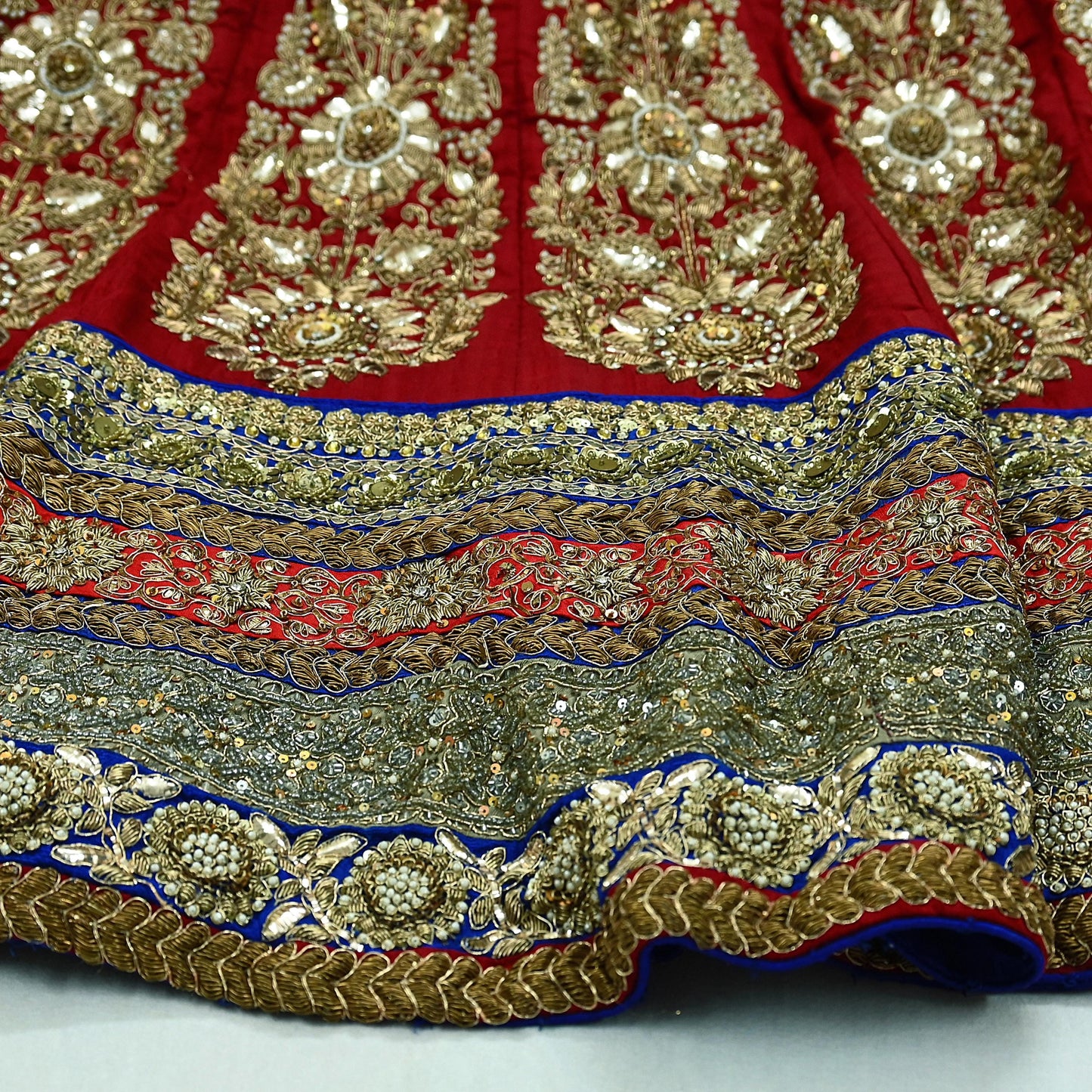 Indian Vintage Heavy Red Pure chanderi Silk Hand Embroidered Lehenga Skirt By Designer Sabyasachi Bridal Wear Dabka/ Zardozi