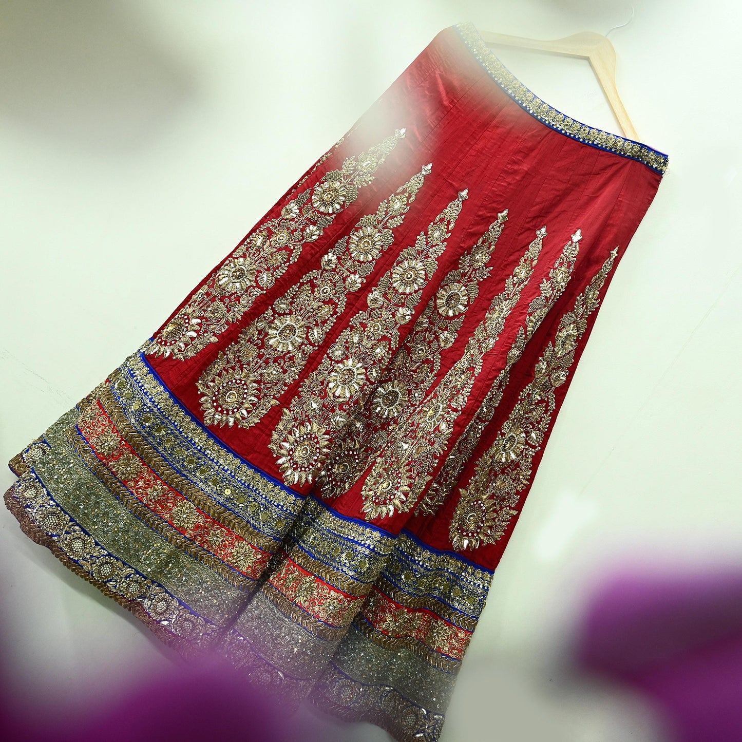 Indian Vintage Heavy Red Pure chanderi Silk Hand Embroidered Lehenga Skirt By Designer Sabyasachi Bridal Wear Dabka/ Zardozi