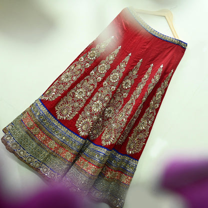 Indian Vintage Heavy Red Pure chanderi Silk Hand Embroidered Lehenga Skirt By Designer Sabyasachi Bridal Wear Dabka/ Zardozi