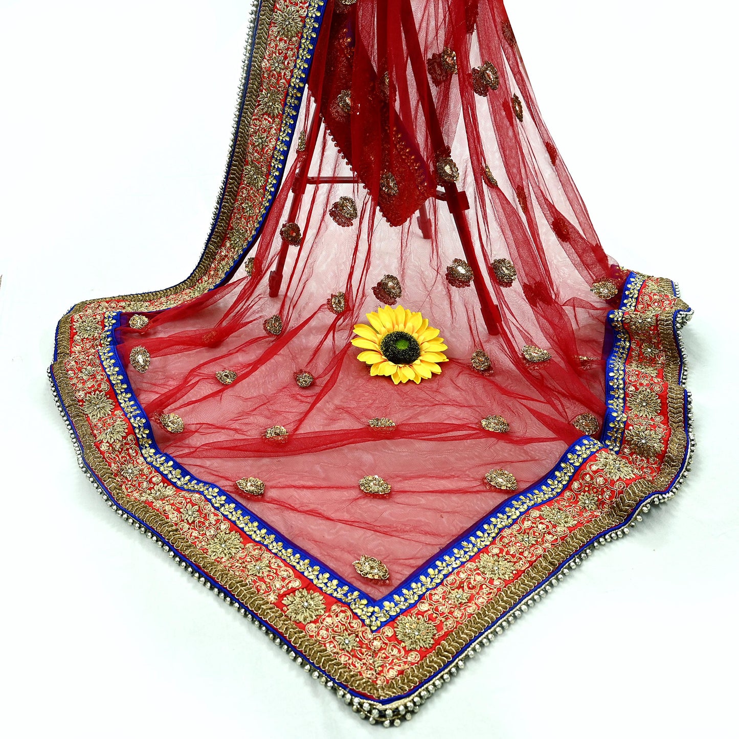 Indian Vintage Heavy Wedding Dupatta Red Net Long Stole Hand Embroidered By Designer Sabyasachi Scarves Zardozi Bridal Veil