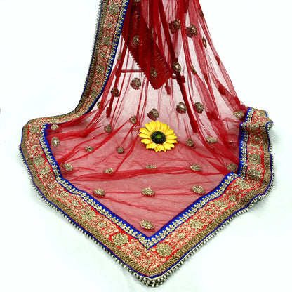 Indian Vintage Heavy Wedding Dupatta Red Net Long Stole Hand Embroidered By Designer Sabyasachi Scarves Zardozi Bridal Veil