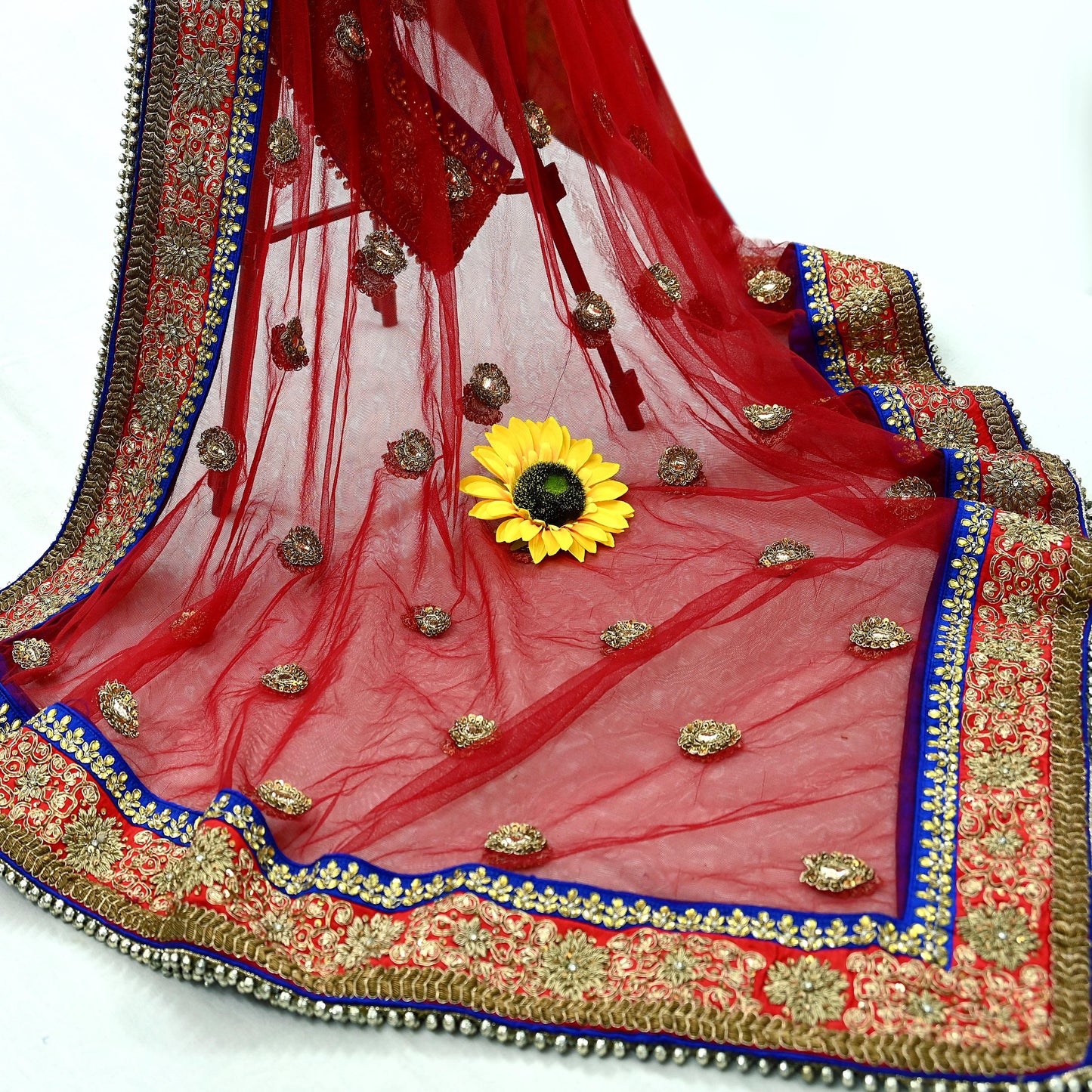 Indian Vintage Heavy Wedding Dupatta Red Net Long Stole Hand Embroidered By Designer Sabyasachi Scarves Zardozi Bridal Veil