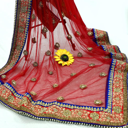 Indian Vintage Heavy Wedding Dupatta Red Net Long Stole Hand Embroidered By Designer Sabyasachi Scarves Zardozi Bridal Veil