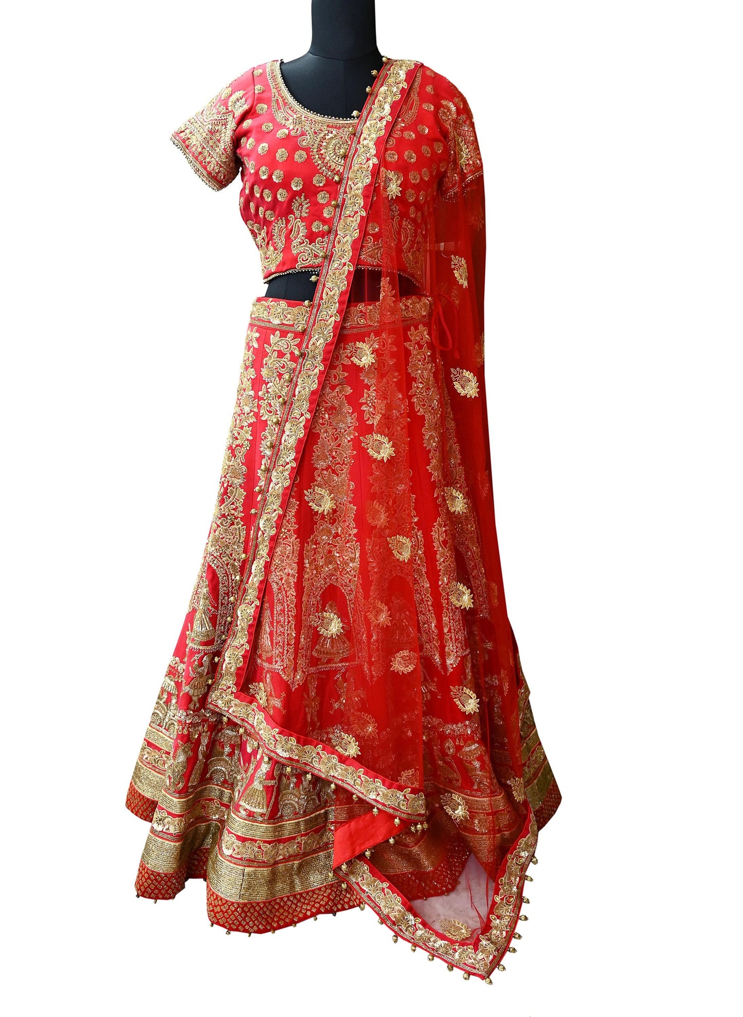 Indian Heavy Wedding Red Net/Pure Satin Silk Hand Embroidered Lehenga 3pcs Set Designer By Manish Malhotra Party Wear