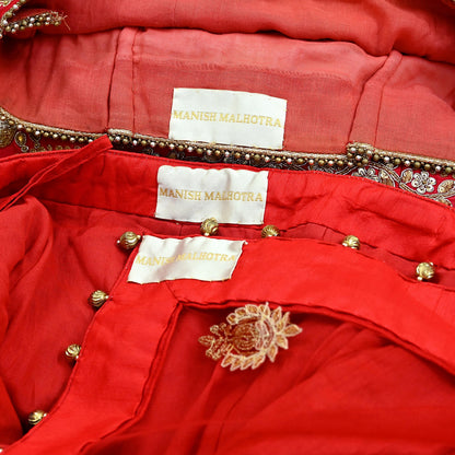 Indian Heavy Wedding Red Net/Pure Satin Silk Hand Embroidered Lehenga 3pcs Set Designer By Manish Malhotra Party Wear