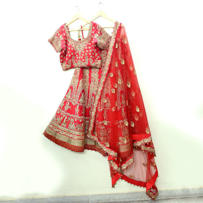Indian Heavy Wedding Red Net/Pure Satin Silk Hand Embroidered Lehenga 3pcs Set Designer By Manish Malhotra Party Wear