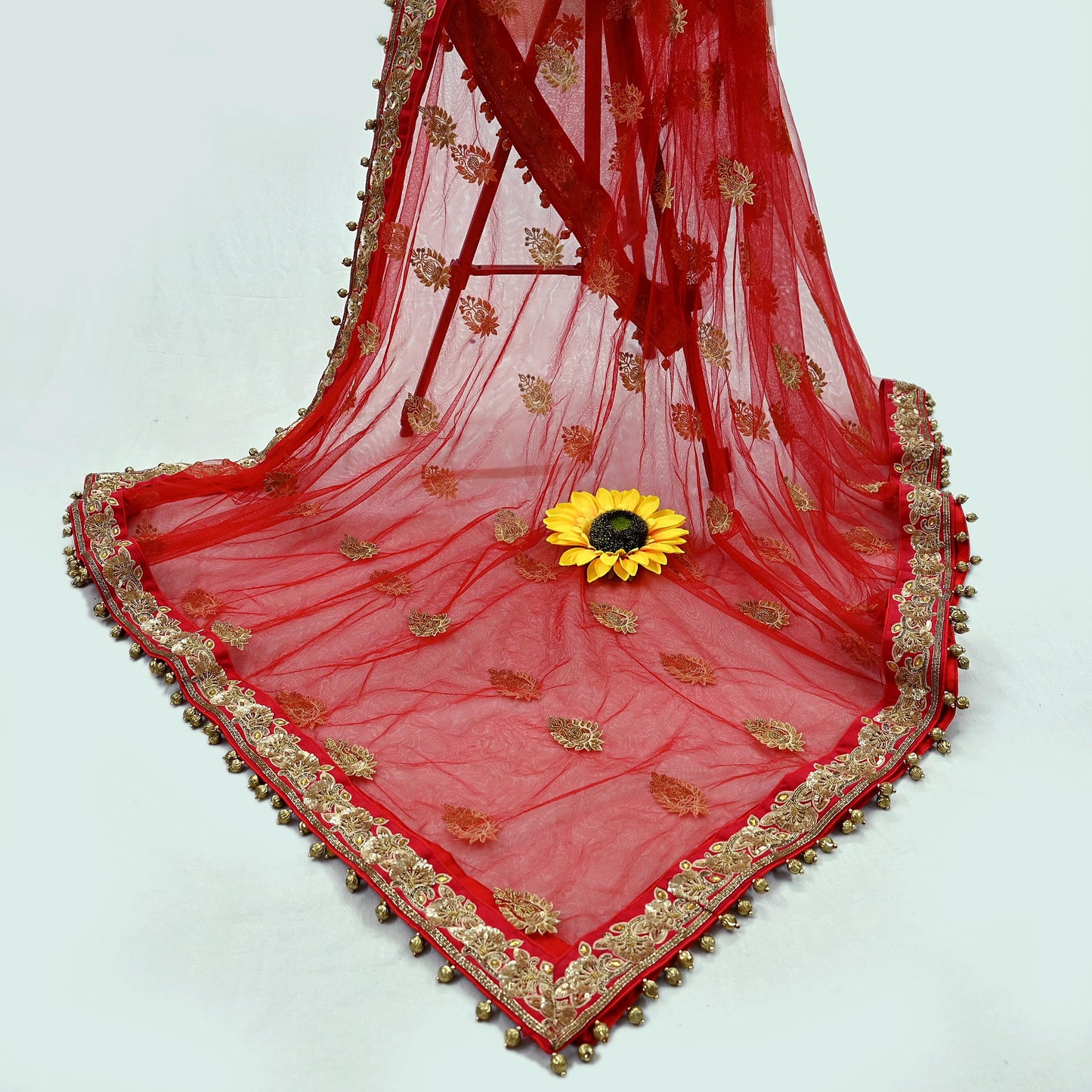 Indian Vintage Heavy Wedding Red Net/Mesh/ Velvet Hand Embroidered Dupatta Designer By Manish Malhotra Bridal Wear Zardozi Veil Hijab