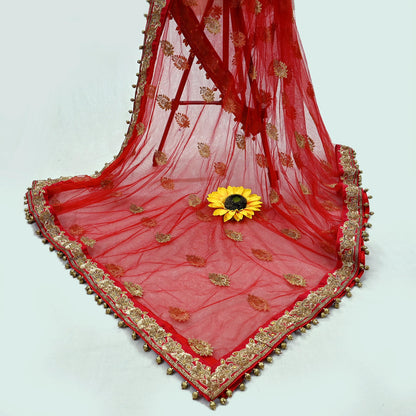 Indian Vintage Heavy Wedding Red Net/Mesh/ Velvet Hand Embroidered Dupatta Designer By Manish Malhotra Bridal Wear Zardozi Veil Hijab