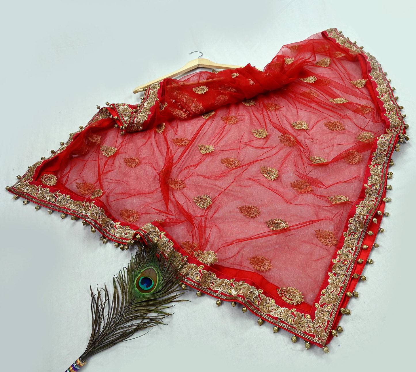 Indian Vintage Heavy Wedding Red Net/Mesh/ Velvet Hand Embroidered Dupatta Designer By Manish Malhotra Bridal Wear Zardozi Veil Hijab