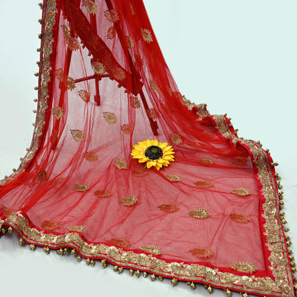 Indian Vintage Heavy Wedding Red Net/Mesh/ Velvet Hand Embroidered Dupatta Designer By Manish Malhotra Bridal Wear Zardozi Veil Hijab