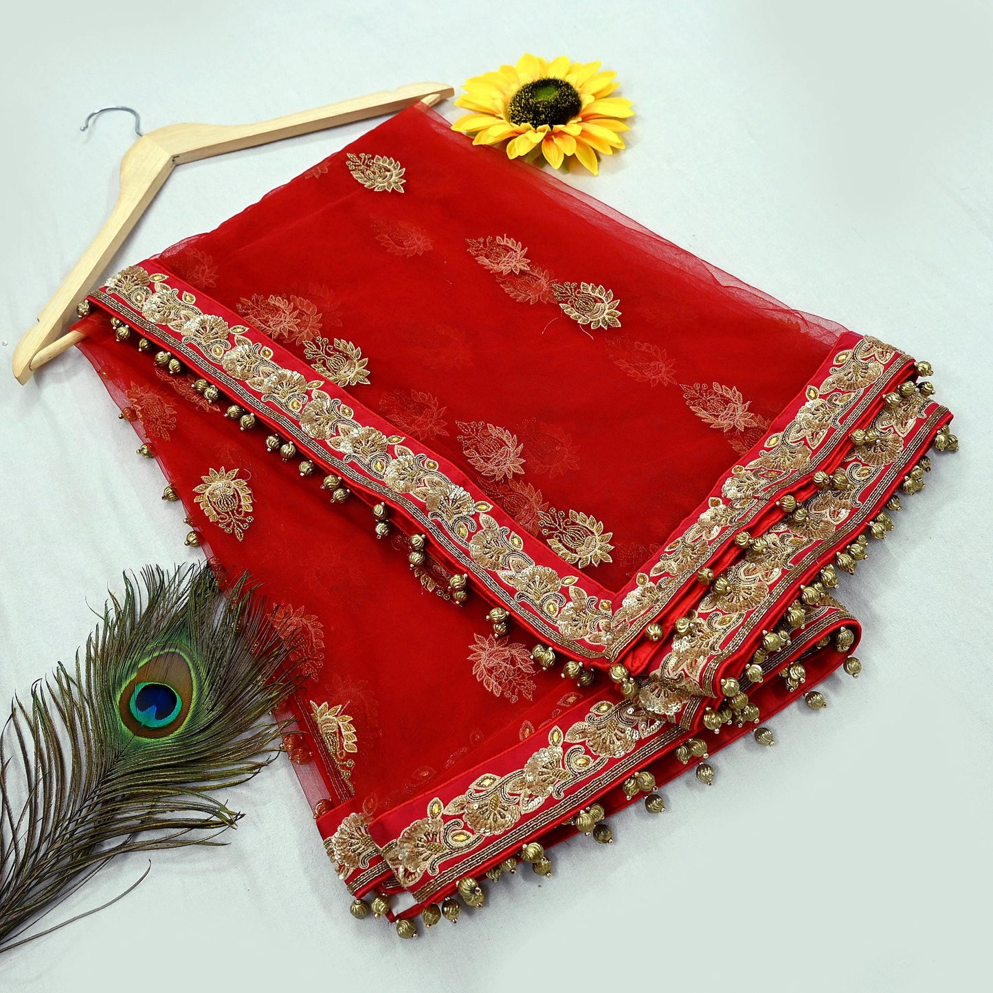 Indian Vintage Heavy Wedding Red Net/Mesh/ Velvet Hand Embroidered Dupatta Designer By Manish Malhotra Bridal Wear Zardozi Veil Hijab