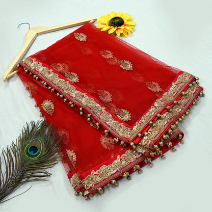 Indian Vintage Heavy Wedding Red Net/Mesh/ Velvet Hand Embroidered Dupatta Designer By Manish Malhotra Bridal Wear Zardozi Veil Hijab