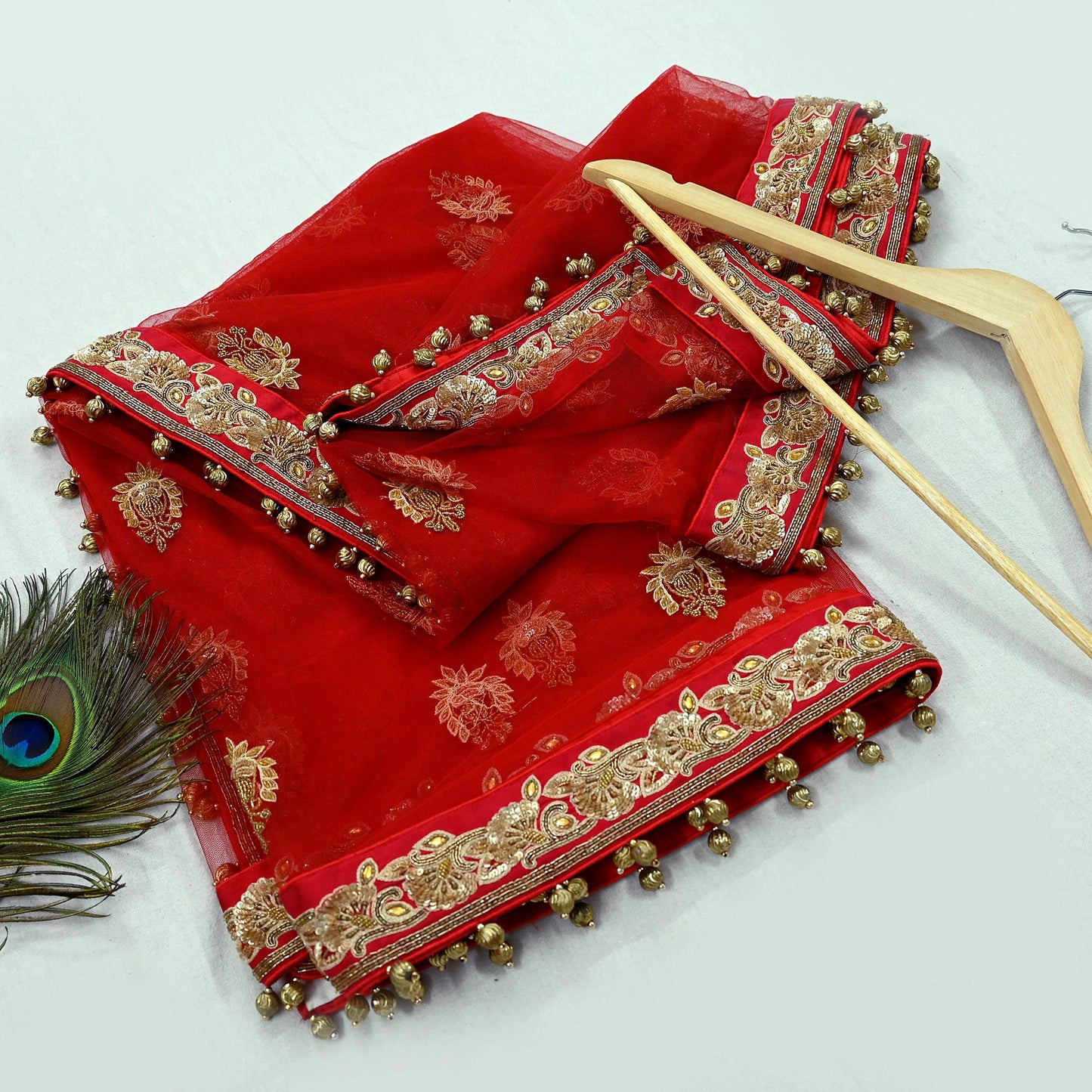 Indian Vintage Heavy Wedding Red Net/Mesh/ Velvet Hand Embroidered Dupatta Designer By Manish Malhotra Bridal Wear Zardozi Veil Hijab