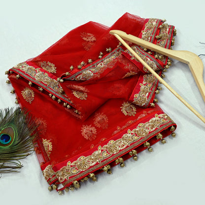 Indian Vintage Heavy Wedding Red Net/Mesh/ Velvet Hand Embroidered Dupatta Designer By Manish Malhotra Bridal Wear Zardozi Veil Hijab