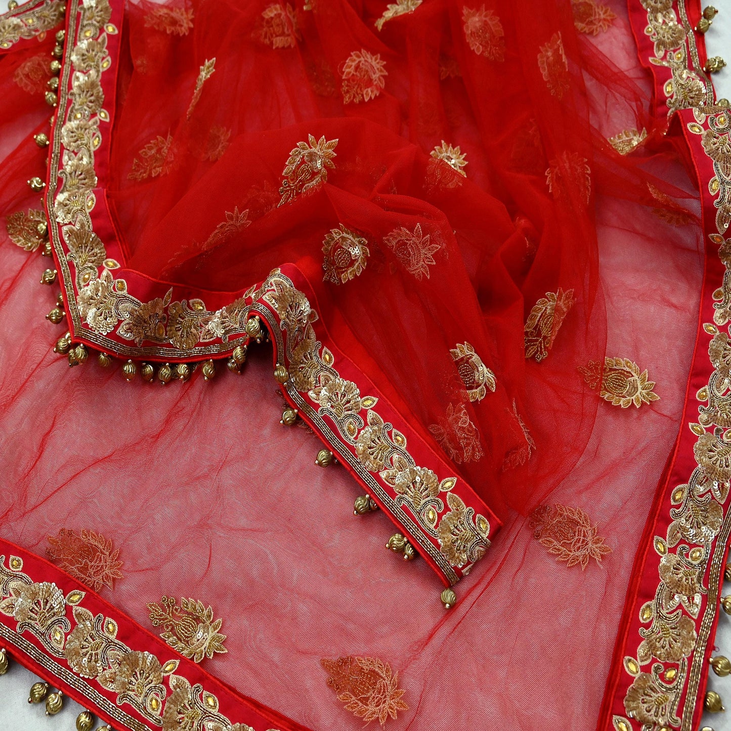 Indian Vintage Heavy Wedding Red Net/Mesh/ Velvet Hand Embroidered Dupatta Designer By Manish Malhotra Bridal Wear Zardozi Veil Hijab