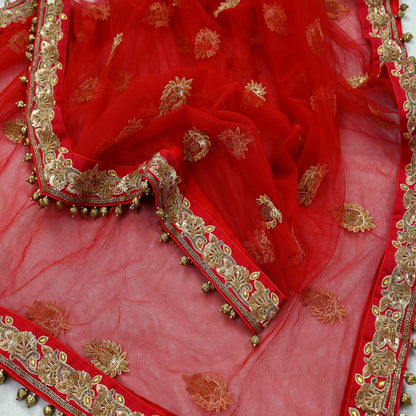 Indian Vintage Heavy Wedding Red Net/Mesh/ Velvet Hand Embroidered Dupatta Designer By Manish Malhotra Bridal Wear Zardozi Veil Hijab