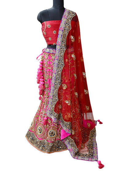 Indian Heavy Wedding Pink & Maroon Net/Mesh Hand Embroidered Lehenga 3pcs Set Designer By Anamika Khanna Party Wear