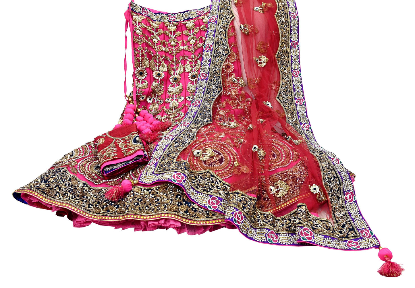 Indian Heavy Wedding Pink & Maroon Net/Mesh Hand Embroidered Lehenga 3pcs Set Designer By Anamika Khanna Party Wear