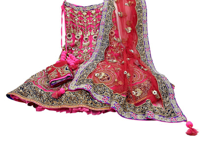 Indian Heavy Wedding Pink & Maroon Net/Mesh Hand Embroidered Lehenga 3pcs Set Designer By Anamika Khanna Party Wear
