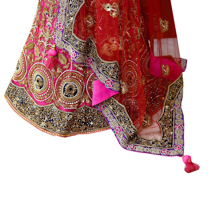 Indian Heavy Wedding Pink & Maroon Net/Mesh Hand Embroidered Lehenga 3pcs Set Designer By Anamika Khanna Party Wear