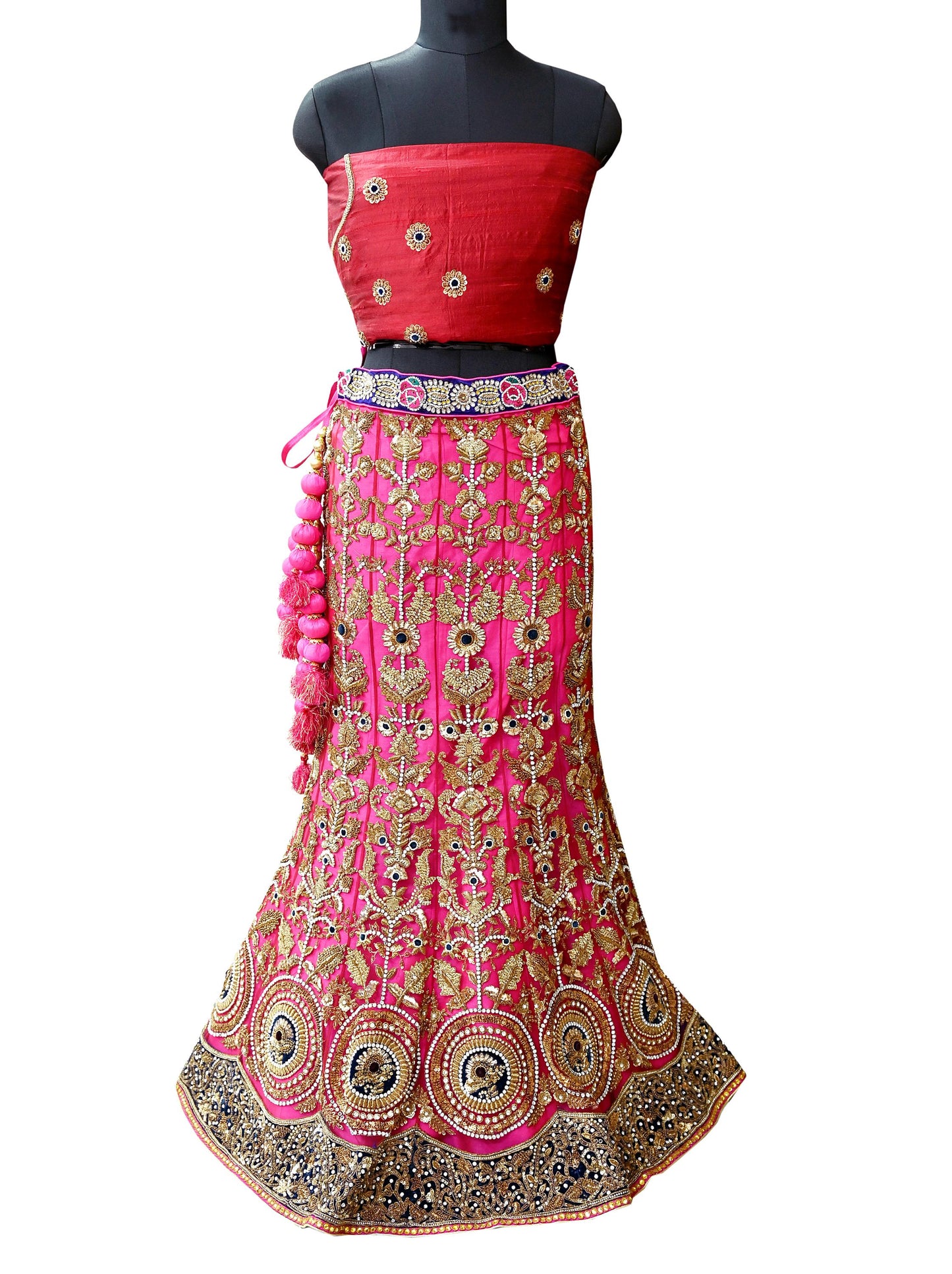 Indian Heavy Wedding Pink & Maroon Net/Mesh Hand Embroidered Lehenga 3pcs Set Designer By Anamika Khanna Party Wear