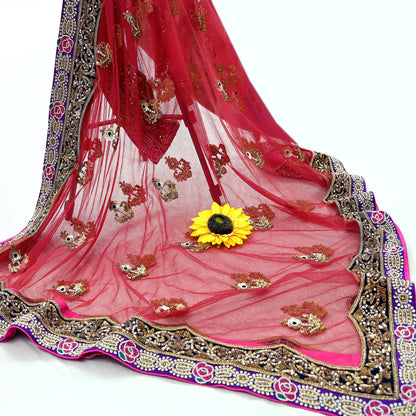 Indian Vintage Heavy Wedding Maroon Net/Mesh/Velvet Hand Embroidered Dupatta Designer By Anamika Khanna Bridal Wear Dabka Zardozi Veil Hijab